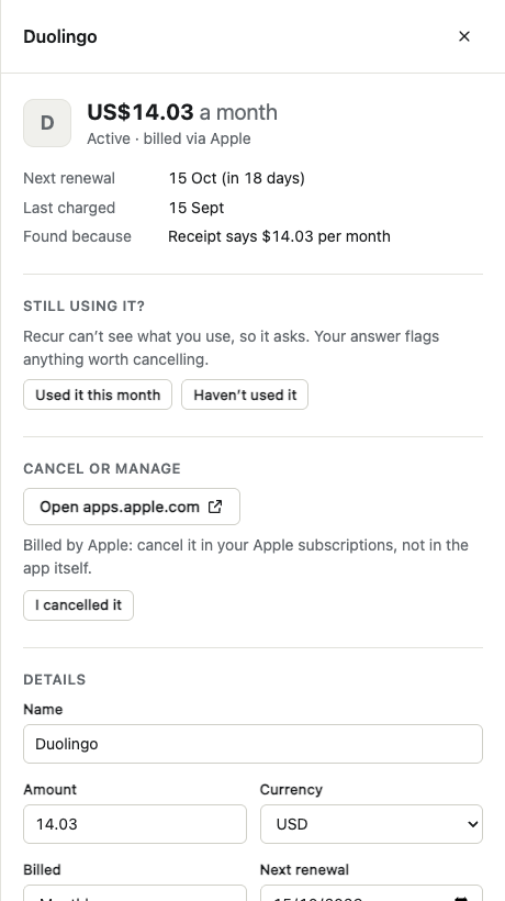 Detail panel for Duolingo, billed via Apple, with its renewal date, a usage question, and a link to Apple subscriptions.